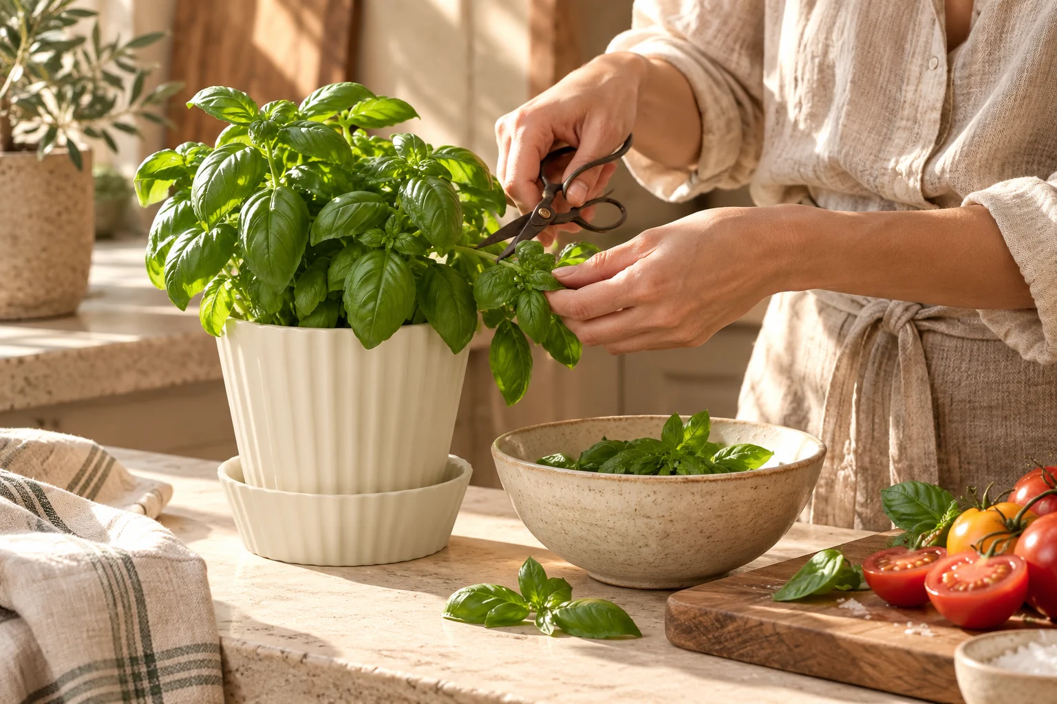 Gathering fresh herbs for the kitchen