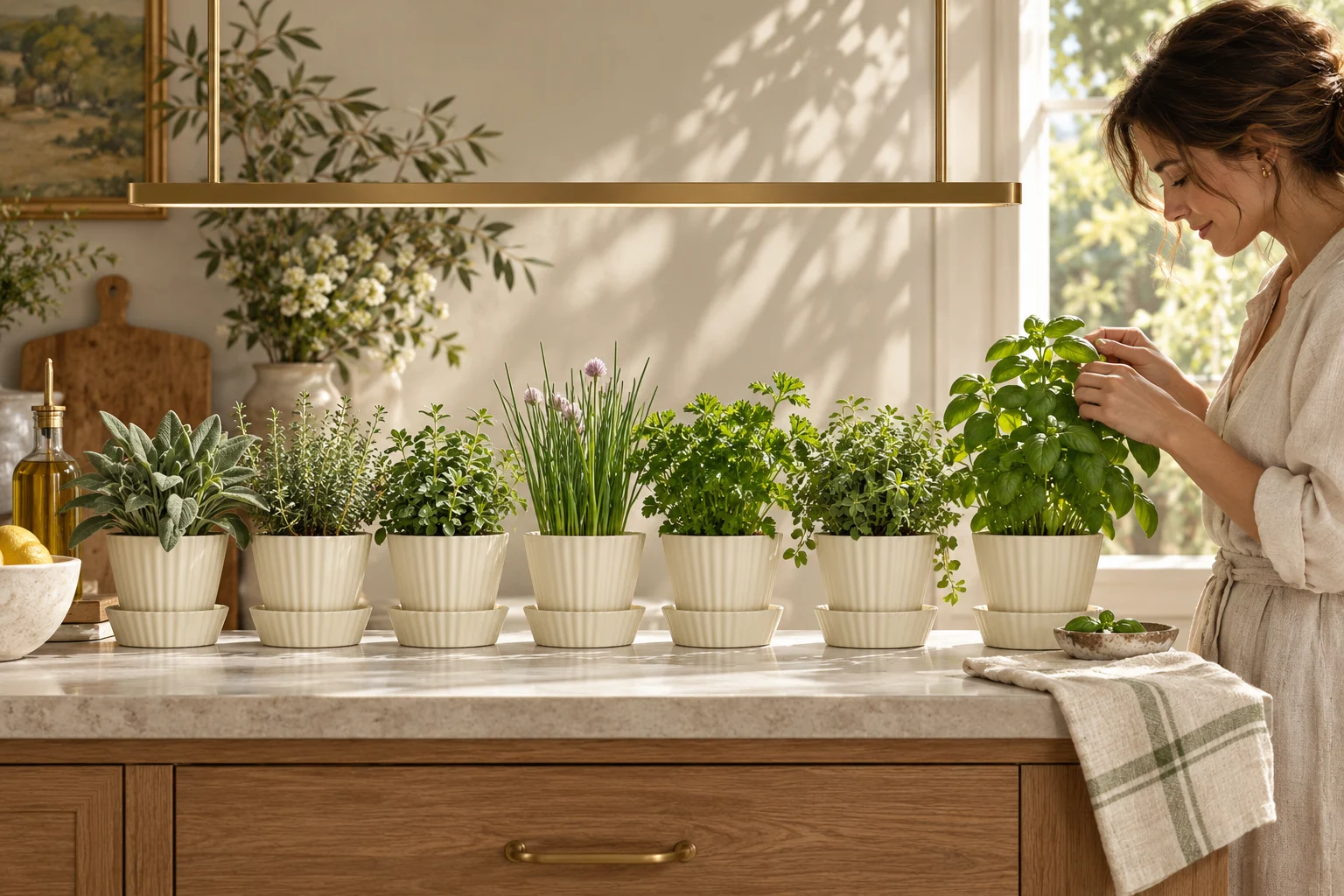 Sunlit kitchen herbs in ivory fluted Quincy style pots with matching saucers